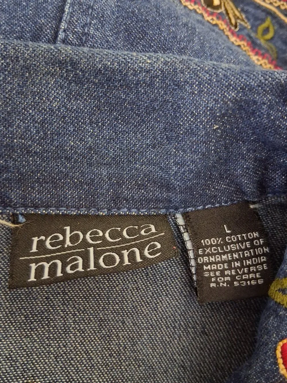Rebecca Malone | Dark Wash Short Denim Jacket with Red Floral Embroidery | Sz L - Picture 6 of 8